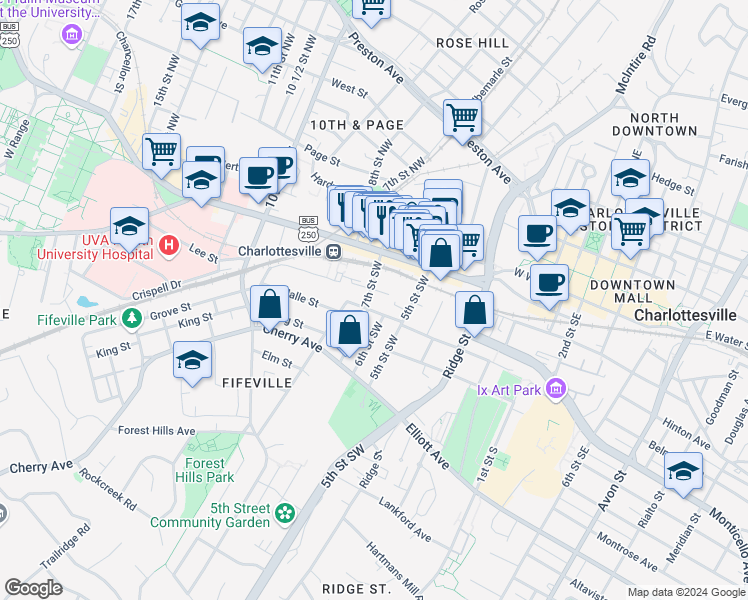 map of restaurants, bars, coffee shops, grocery stores, and more near 310 7th Street Southwest in Charlottesville