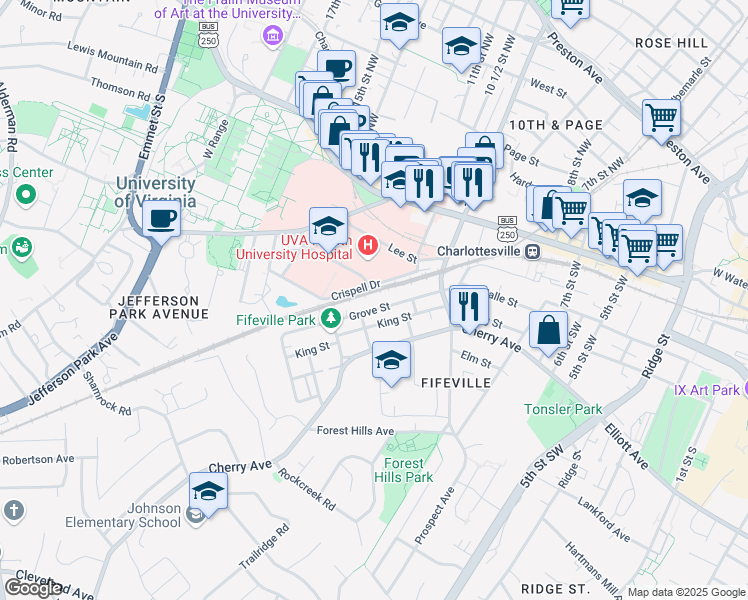 map of restaurants, bars, coffee shops, grocery stores, and more near 1010 Grove Street in Charlottesville