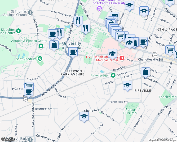 map of restaurants, bars, coffee shops, grocery stores, and more near 1712 Valley Road in Charlottesville