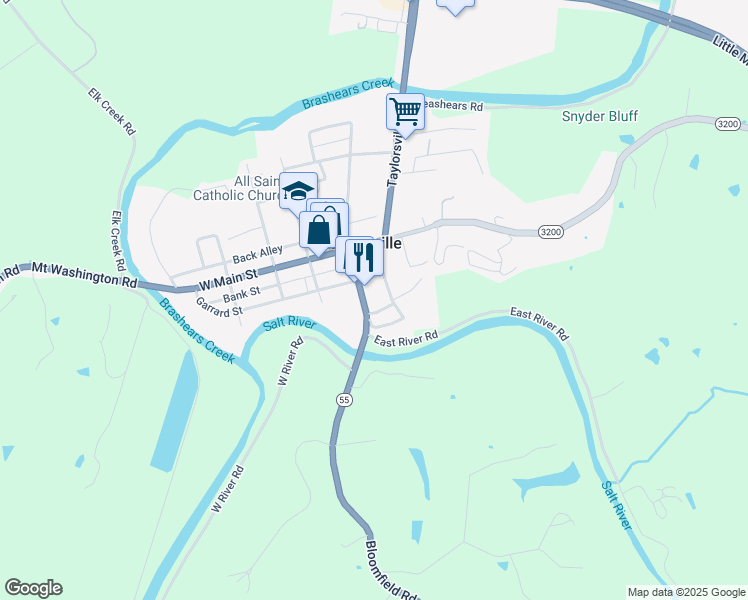 map of restaurants, bars, coffee shops, grocery stores, and more near 148 Jefferson Street in Taylorsville