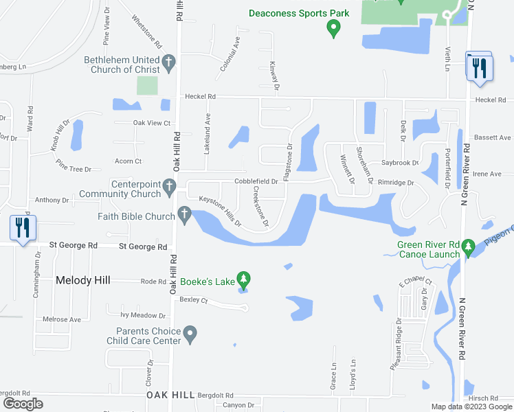 map of restaurants, bars, coffee shops, grocery stores, and more near 5635 Creekstone Drive in Evansville