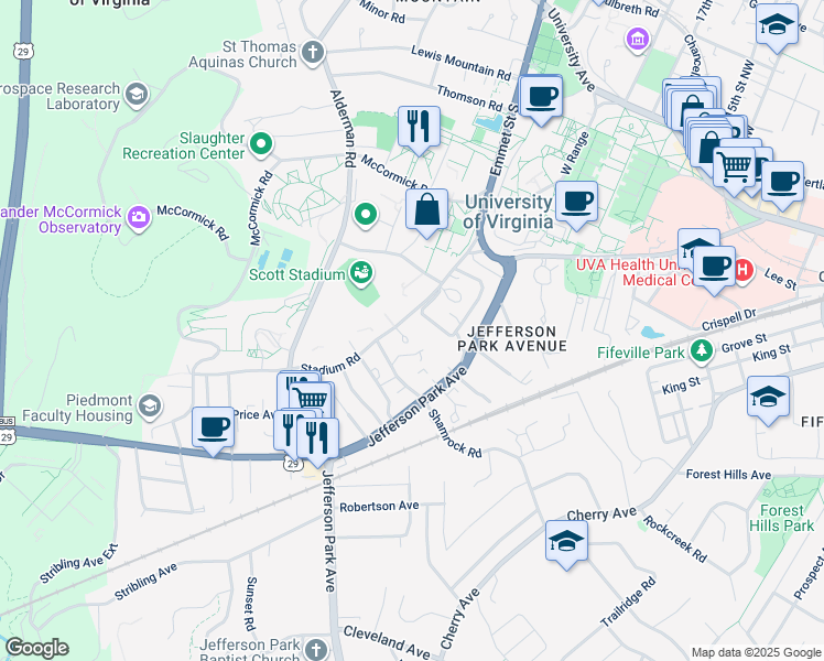 map of restaurants, bars, coffee shops, grocery stores, and more near 104 Dunova Court in Charlottesville