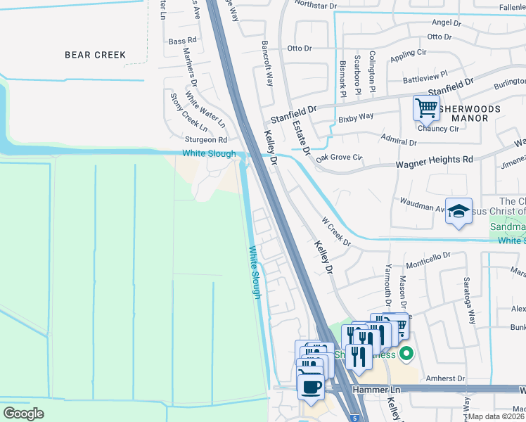 map of restaurants, bars, coffee shops, grocery stores, and more near 8667 Mariners Drive in Stockton