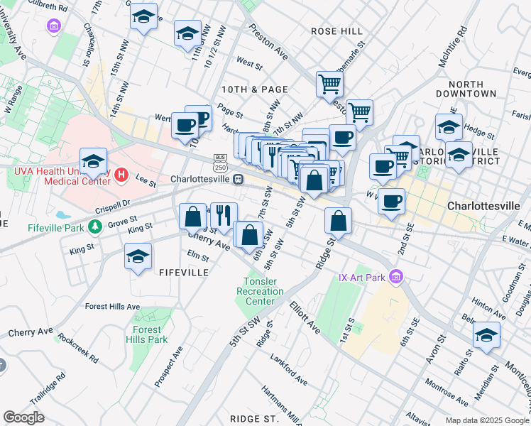 map of restaurants, bars, coffee shops, grocery stores, and more near 310 7th Street Southwest in Charlottesville
