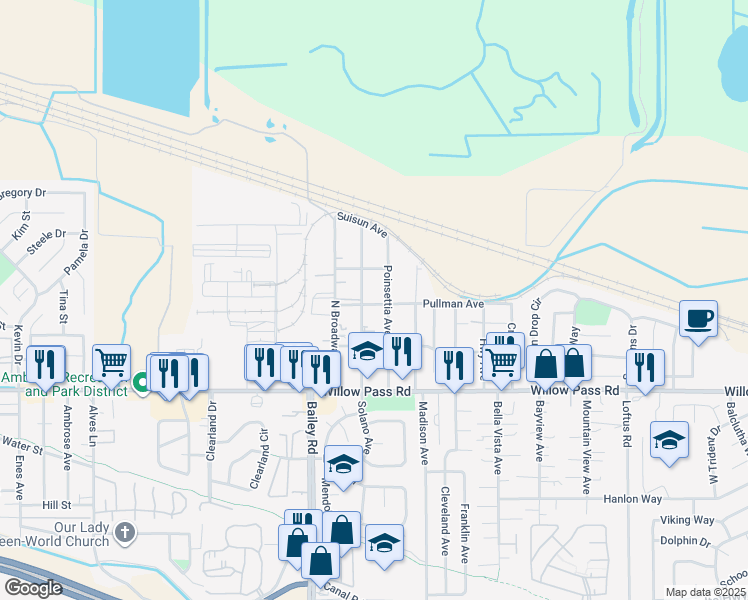 map of restaurants, bars, coffee shops, grocery stores, and more near 492 Pullman Avenue in Bay Point