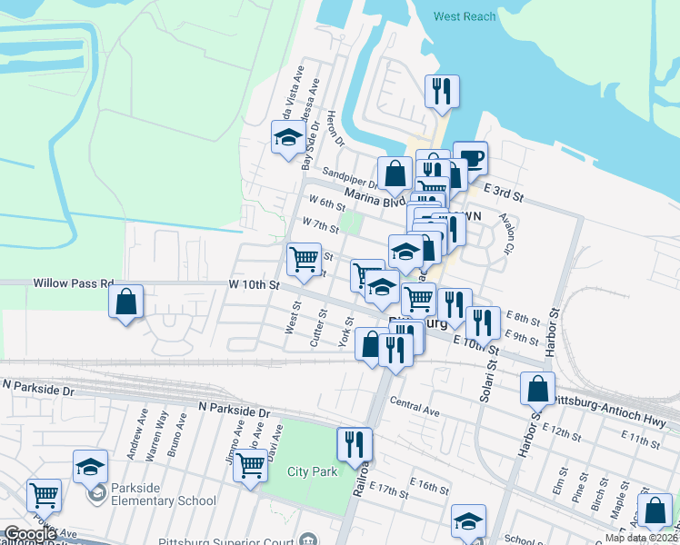 map of restaurants, bars, coffee shops, grocery stores, and more near 198 West 9th Street in Pittsburg
