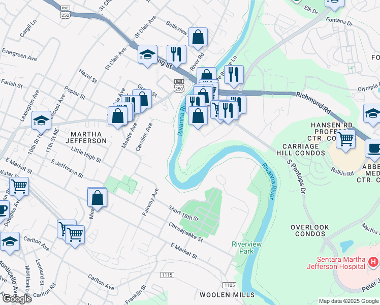 map of restaurants, bars, coffee shops, grocery stores, and more near 260 Riverbend Drive in Charlottesville