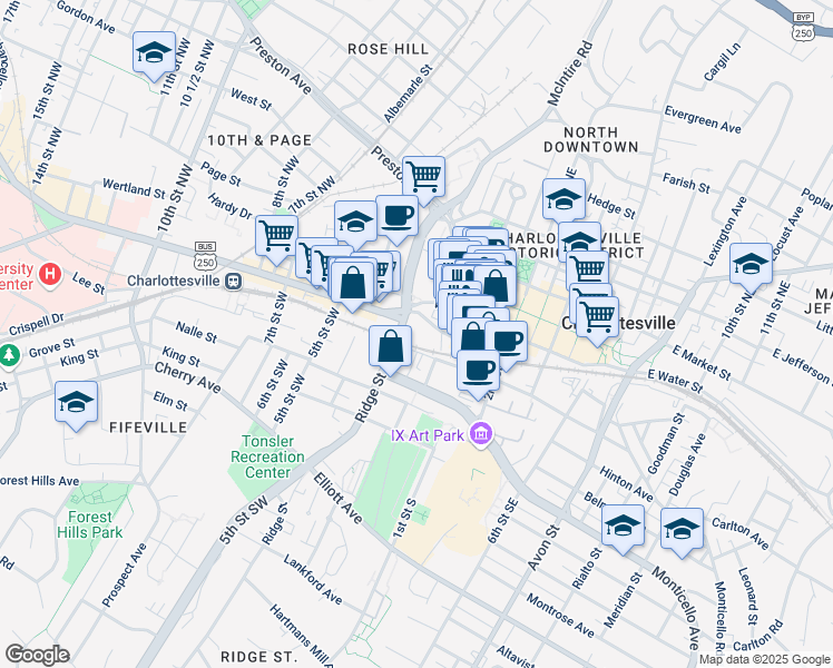 map of restaurants, bars, coffee shops, grocery stores, and more near 100 Ridge Street in Charlottesville