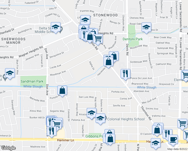 map of restaurants, bars, coffee shops, grocery stores, and more near 2017 Hacienda Drive in Stockton