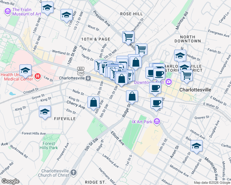map of restaurants, bars, coffee shops, grocery stores, and more near 221 4th Street Southwest in Charlottesville