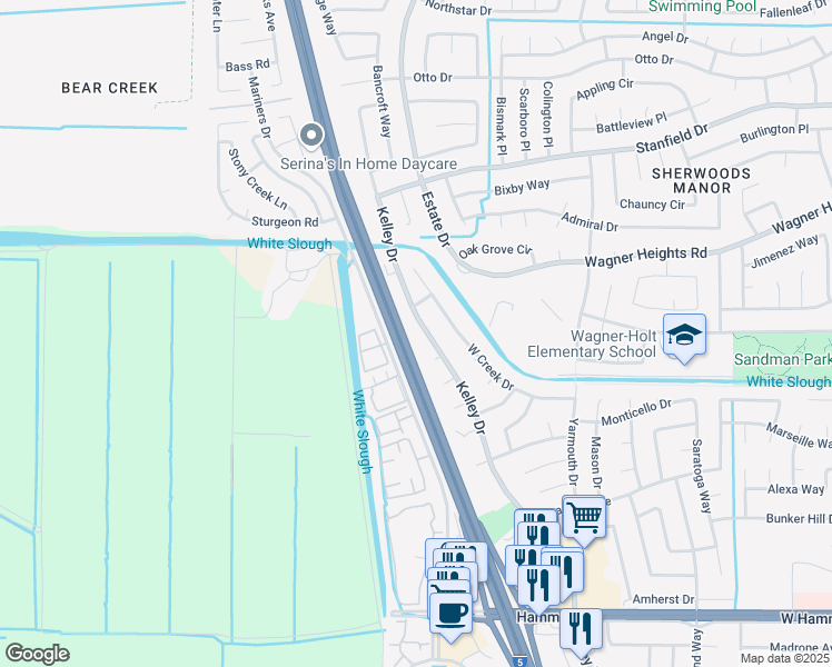 map of restaurants, bars, coffee shops, grocery stores, and more near 8829 Kelley Drive in Stockton