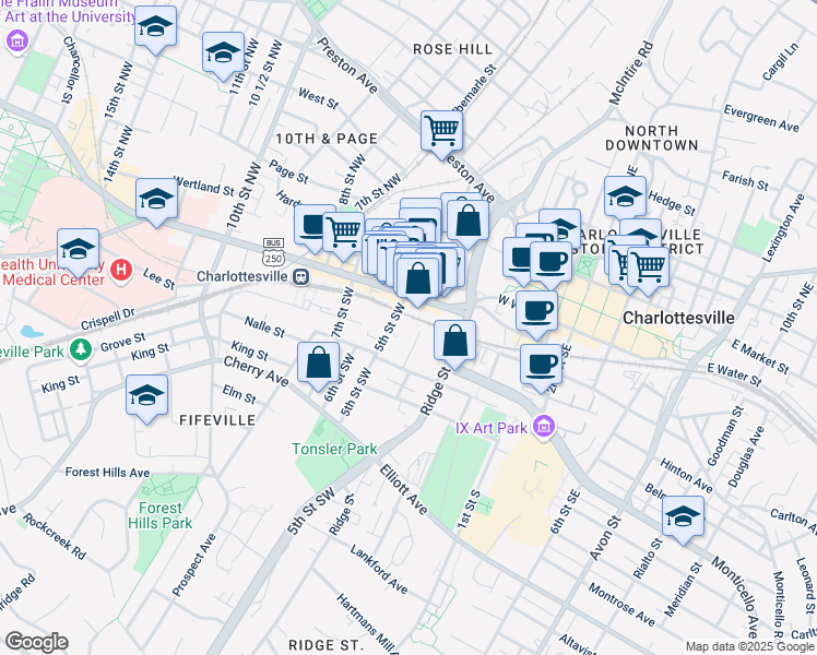 map of restaurants, bars, coffee shops, grocery stores, and more near 221 4th Street Southwest in Charlottesville