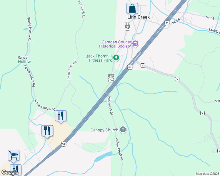 map of restaurants, bars, coffee shops, grocery stores, and more near 134 West Valley Drive in Linn Creek