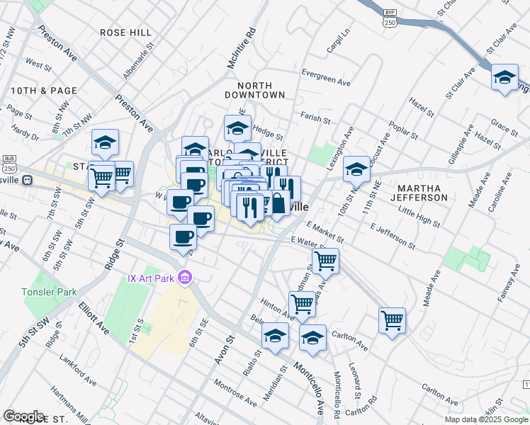 map of restaurants, bars, coffee shops, grocery stores, and more near 605 East Main Street in Charlottesville