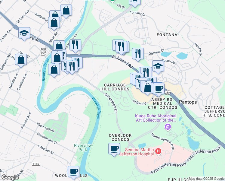 map of restaurants, bars, coffee shops, grocery stores, and more near 925 Dorchester Place in Charlottesville