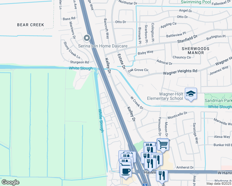 map of restaurants, bars, coffee shops, grocery stores, and more near 8805 Kelley Drive in Stockton