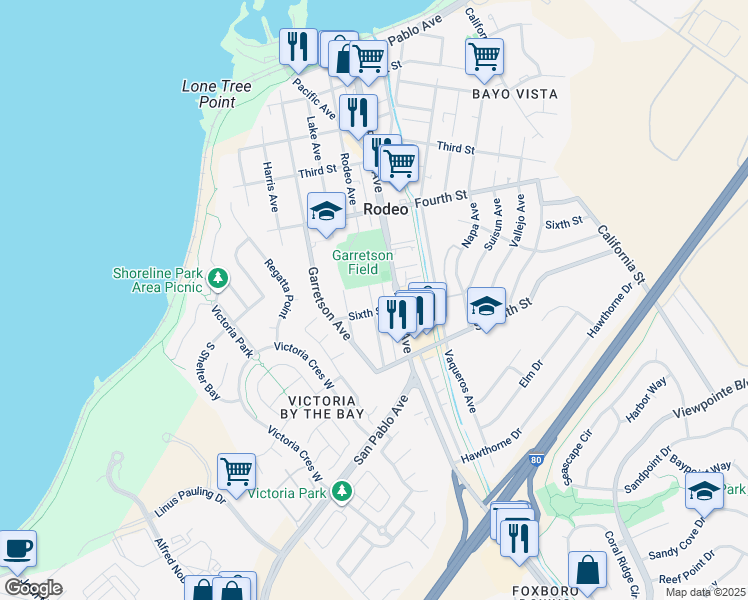 map of restaurants, bars, coffee shops, grocery stores, and more near 400 Sixth Street in Rodeo