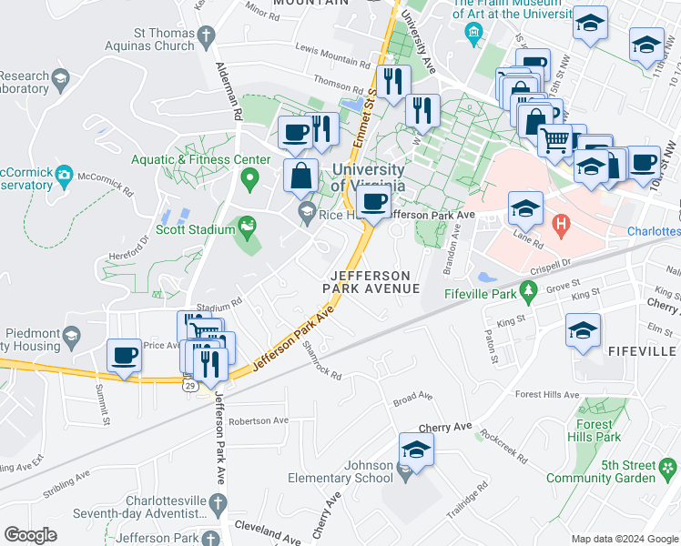 map of restaurants, bars, coffee shops, grocery stores, and more near 112 Montebello Circle in Charlottesville
