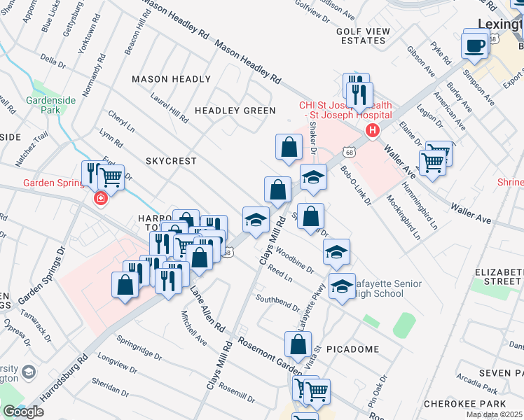 map of restaurants, bars, coffee shops, grocery stores, and more near 1787 Harrodsburg Road in Lexington