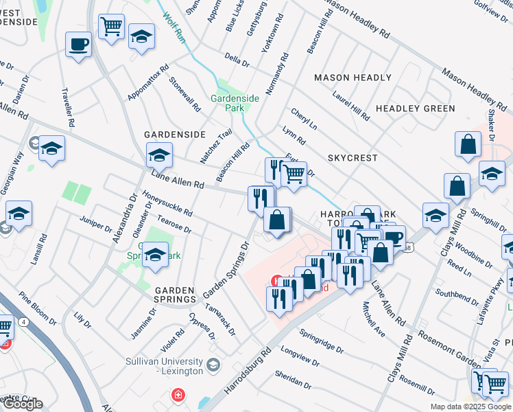 map of restaurants, bars, coffee shops, grocery stores, and more near 828 Lane Allen Road in Lexington