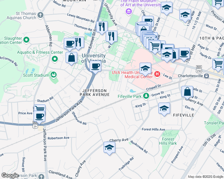 map of restaurants, bars, coffee shops, grocery stores, and more near 514 Valley Road in Charlottesville