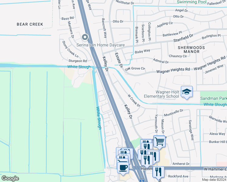 map of restaurants, bars, coffee shops, grocery stores, and more near 8829 Kelley Drive in Stockton