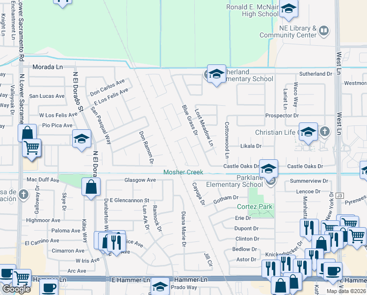 map of restaurants, bars, coffee shops, grocery stores, and more near 8716 Deer Creek Circle in Stockton