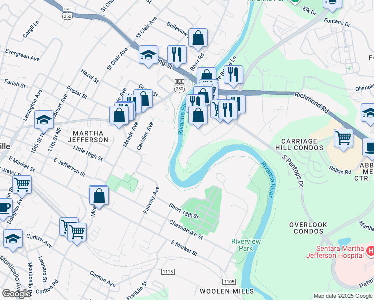 map of restaurants, bars, coffee shops, grocery stores, and more near 280 Riverbend Drive in Charlottesville