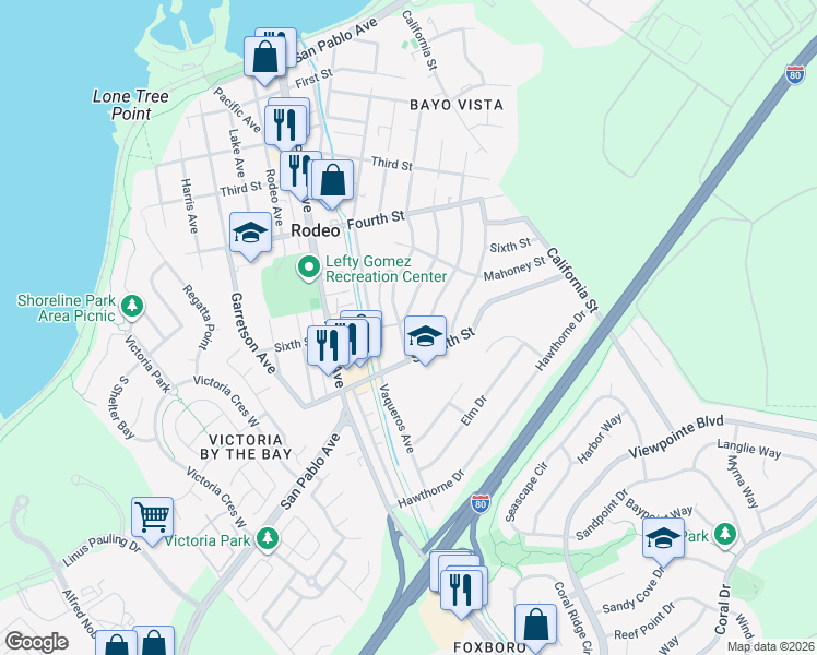 map of restaurants, bars, coffee shops, grocery stores, and more near 610 Napa Avenue in Rodeo