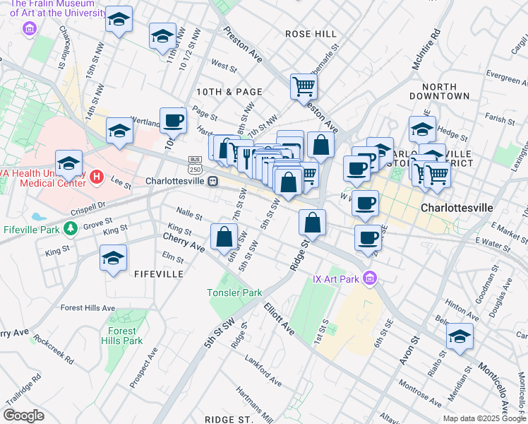 map of restaurants, bars, coffee shops, grocery stores, and more near 211 5th Street Northwest in Charlottesville