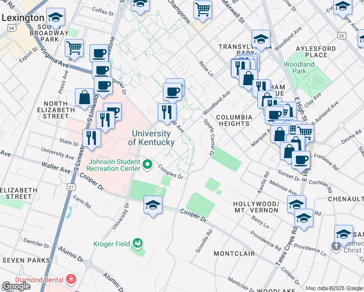 map of restaurants, bars, coffee shops, grocery stores, and more near in Lexington