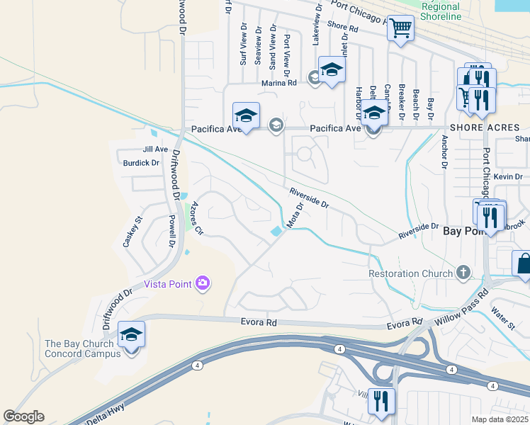 map of restaurants, bars, coffee shops, grocery stores, and more near 536 Bustos Place in Bay Point