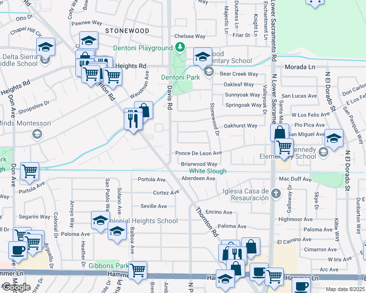 map of restaurants, bars, coffee shops, grocery stores, and more near 1420 Woodmont Way in Stockton