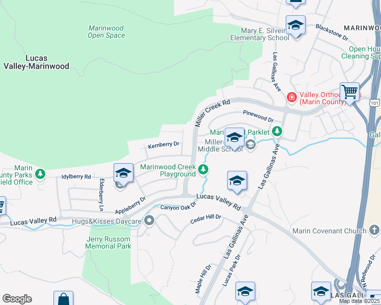 map of restaurants, bars, coffee shops, grocery stores, and more near 513 Idylberry Road in San Rafael