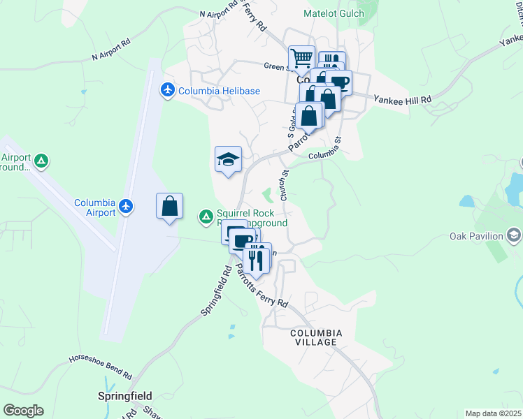 map of restaurants, bars, coffee shops, grocery stores, and more near 22430 Church Street in Columbia