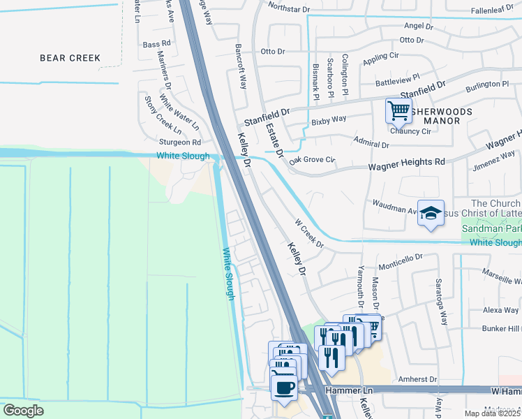 map of restaurants, bars, coffee shops, grocery stores, and more near 8805 Kelley Drive in Stockton