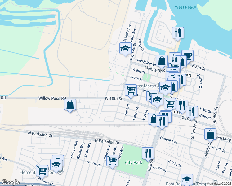 map of restaurants, bars, coffee shops, grocery stores, and more near 1086 Herb White Way in Pittsburg