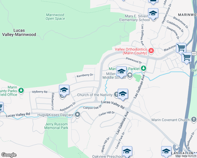map of restaurants, bars, coffee shops, grocery stores, and more near 513 Idylberry Road in San Rafael