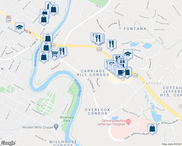 map of restaurants, bars, coffee shops, grocery stores, and more near 915 Dorchester Place in Charlottesville