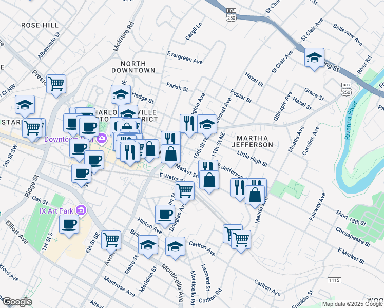 map of restaurants, bars, coffee shops, grocery stores, and more near 1004 East Jefferson Street in Charlottesville