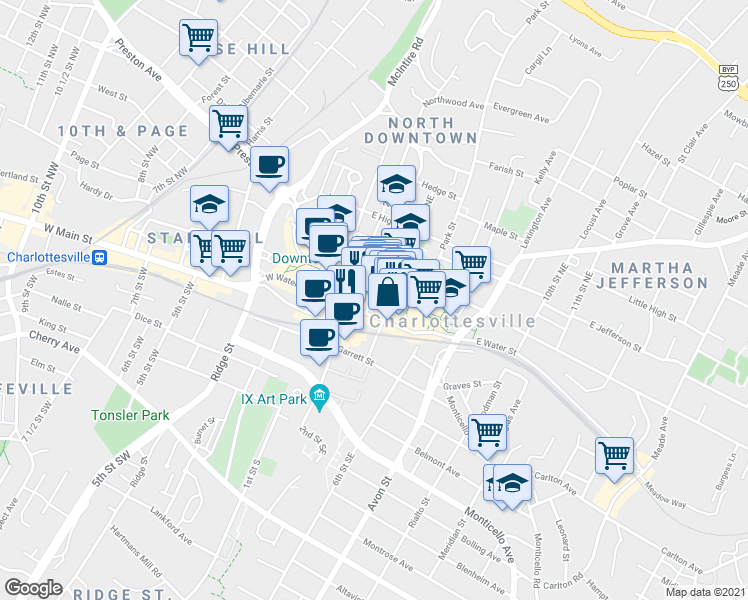 map of restaurants, bars, coffee shops, grocery stores, and more near in Charlottesville