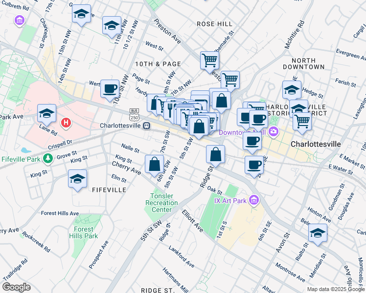map of restaurants, bars, coffee shops, grocery stores, and more near 217 5th Street Southwest in Charlottesville