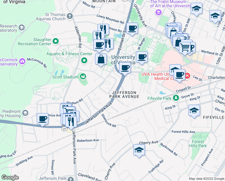 map of restaurants, bars, coffee shops, grocery stores, and more near 112 Montebello Circle in Charlottesville