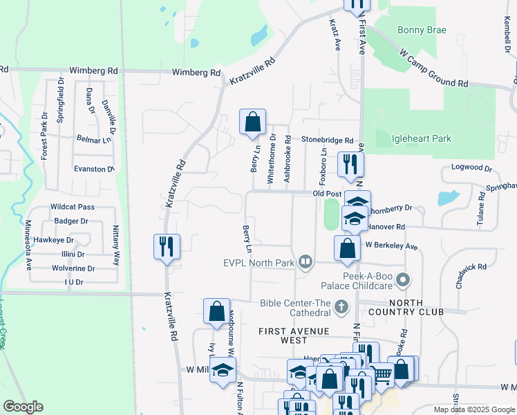 map of restaurants, bars, coffee shops, grocery stores, and more near in Evansville