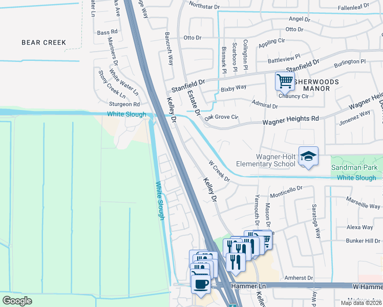 map of restaurants, bars, coffee shops, grocery stores, and more near 8820 Kelley Drive in Stockton