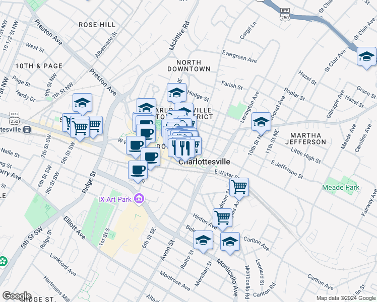 map of restaurants, bars, coffee shops, grocery stores, and more near 100 5th Street Northeast in Charlottesville
