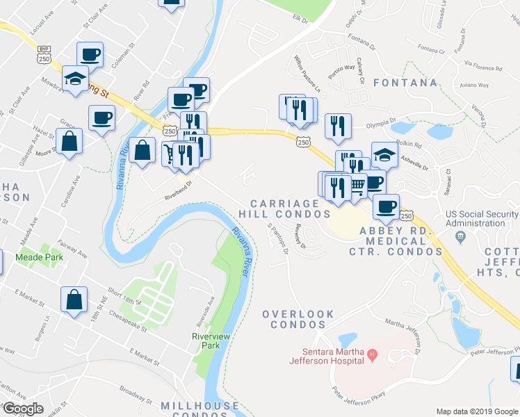 map of restaurants, bars, coffee shops, grocery stores, and more near 1035 Weybridge Court in Charlottesville