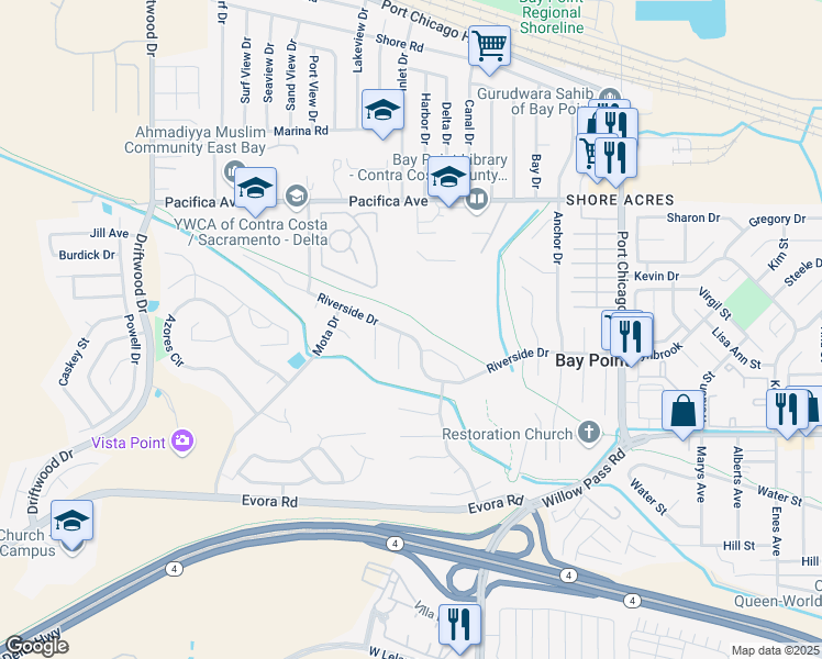 map of restaurants, bars, coffee shops, grocery stores, and more near 162 Riverside Drive in Bay Point