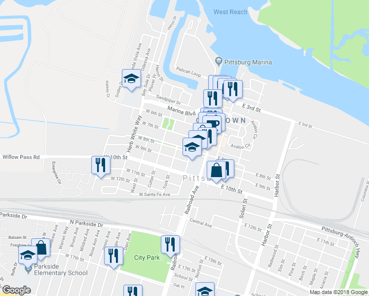 map of restaurants, bars, coffee shops, grocery stores, and more near 50 West 8th Street in Pittsburg