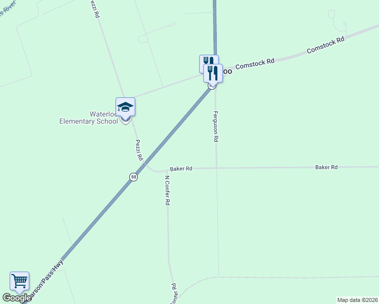 map of restaurants, bars, coffee shops, grocery stores, and more near 10221 Baker Road in Stockton